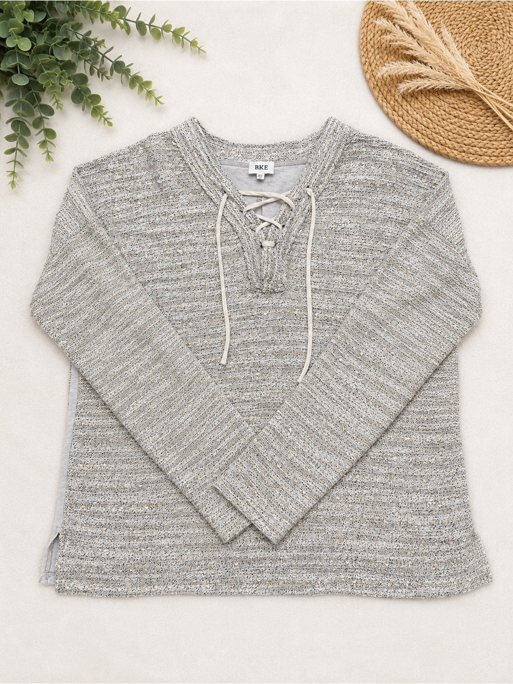 BKE Heathered Beige Lace-Up Knit Pullover